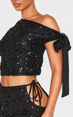 Discount PrettyLittleThing Petite Tie Detail Sequin Top Black