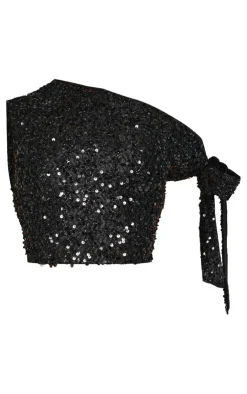 Discount PrettyLittleThing Petite Tie Detail Sequin Top Black