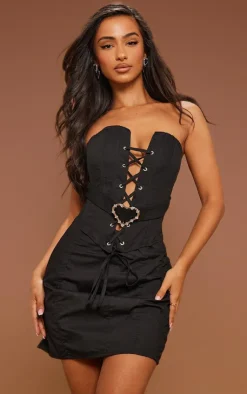 Sale PrettyLittleThing Petite Tie Front Heart Buckle Detail Corset Top Black