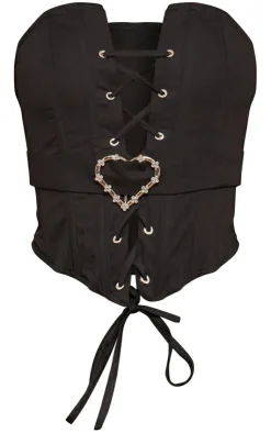 Sale PrettyLittleThing Petite Tie Front Heart Buckle Detail Corset Top Black