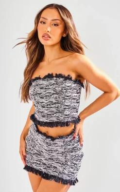 Clearance PrettyLittleThing Petite Tweed Frayed Hem Crop Top Black