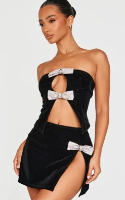 Discount PrettyLittleThing Petite Velvet Diamante Bow Detail Split Mini Skirt Black