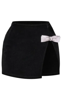 Discount PrettyLittleThing Petite Velvet Diamante Bow Detail Split Mini Skirt Black