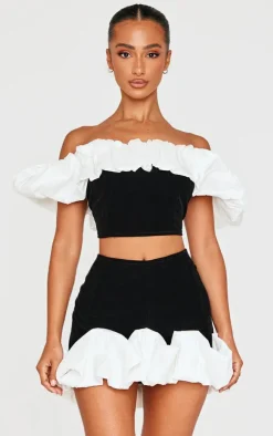 Sale PrettyLittleThing Petite Velvet Ruffle Detail Bardot Crop Top Black
