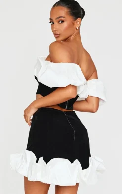 Sale PrettyLittleThing Petite Velvet Ruffle Detail Bardot Crop Top Black
