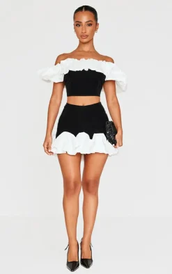 Sale PrettyLittleThing Petite Velvet Ruffle Detail Bardot Crop Top Black