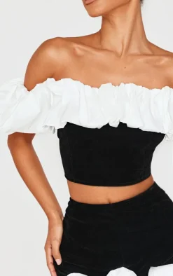 Sale PrettyLittleThing Petite Velvet Ruffle Detail Bardot Crop Top Black