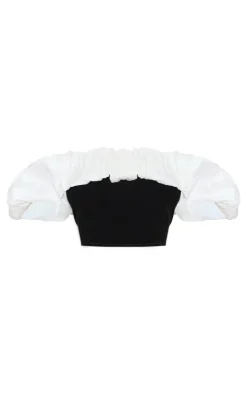 Sale PrettyLittleThing Petite Velvet Ruffle Detail Bardot Crop Top Black