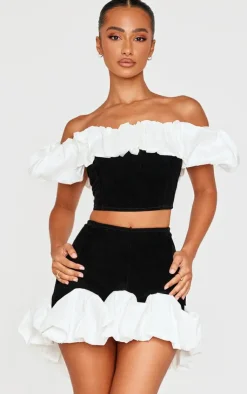 Discount PrettyLittleThing Petite Velvet Ruffle Detail Asymmetric Mini Skirt Black