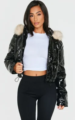 PrettyLittleThing Puffer Jackets*Petite Vinyl Faux Fur Hood Puffer Jacket