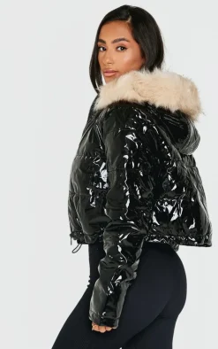 PrettyLittleThing Puffer Jackets*Petite Vinyl Faux Fur Hood Puffer Jacket
