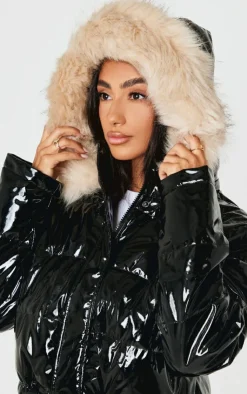 PrettyLittleThing Puffer Jackets*Petite Vinyl Faux Fur Hood Puffer Jacket