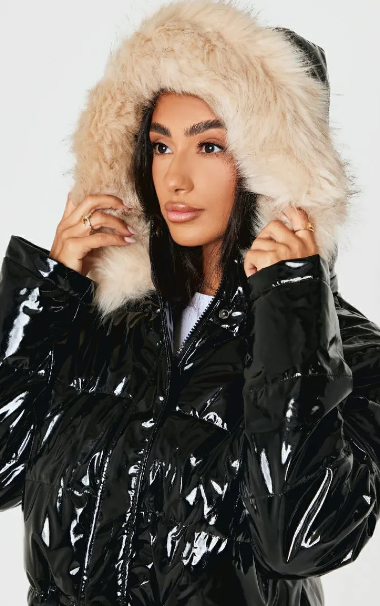 PrettyLittleThing Puffer Jackets*Petite Vinyl Faux Fur Hood Puffer Jacket
