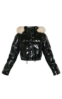 PrettyLittleThing Puffer Jackets*Petite Vinyl Faux Fur Hood Puffer Jacket
