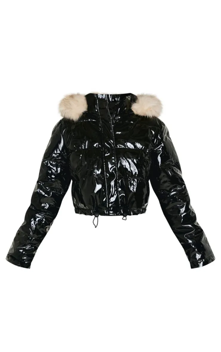 PrettyLittleThing Puffer Jackets*Petite Vinyl Faux Fur Hood Puffer Jacket