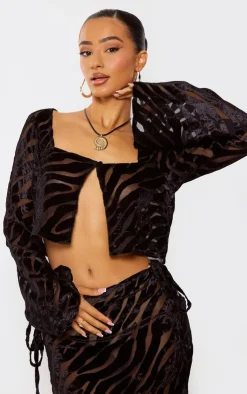 Clearance PrettyLittleThing Petite Zebra Print Devore Button Front Crop Top Black