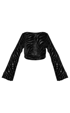 Clearance PrettyLittleThing Petite Zebra Print Devore Button Front Crop Top Black