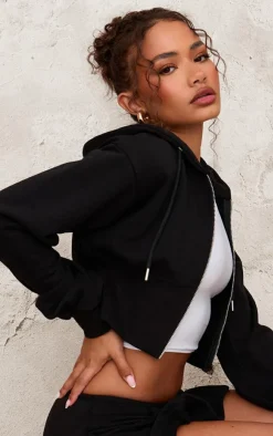 Best PrettyLittleThing Petite Zip Up Cropped Hoodie Black