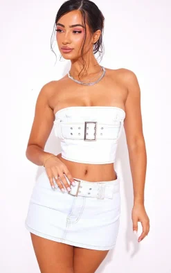 Sale PrettyLittleThing Petite Buckle Detail Denim Mini Bandeau Top Bleach Wash