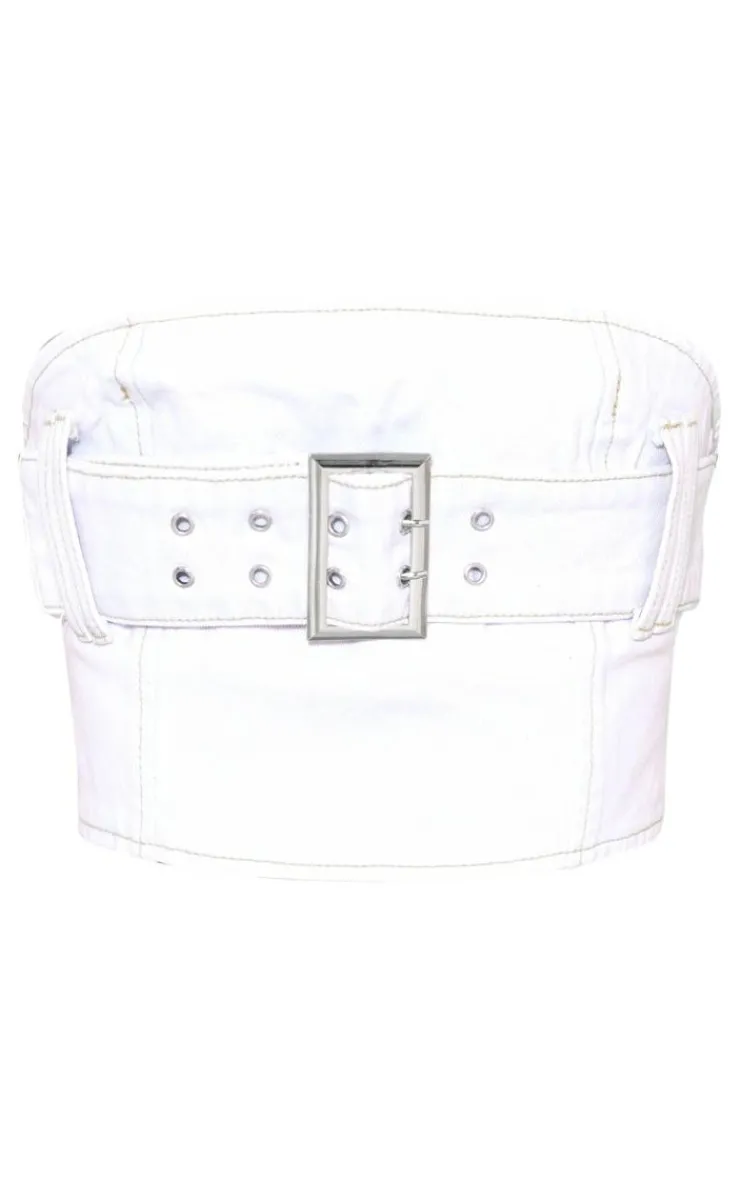 Sale PrettyLittleThing Petite Buckle Detail Denim Mini Bandeau Top Bleach Wash