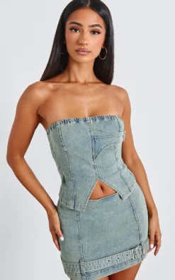 Clearance PrettyLittleThing Petite Denim Bandeau Longline Corset Bleach Wash