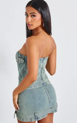 Clearance PrettyLittleThing Petite Denim Bandeau Longline Corset Bleach Wash