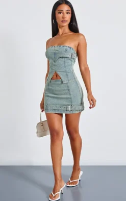 Clearance PrettyLittleThing Petite Denim Bandeau Longline Corset Bleach Wash