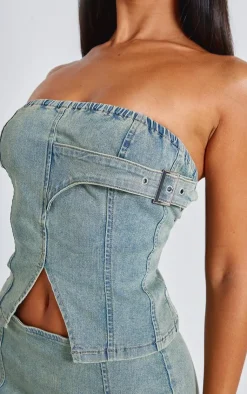 Clearance PrettyLittleThing Petite Denim Bandeau Longline Corset Bleach Wash