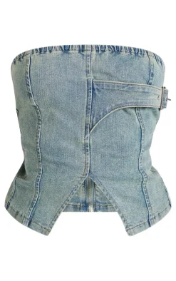 Clearance PrettyLittleThing Petite Denim Bandeau Longline Corset Bleach Wash