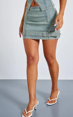 Online PrettyLittleThing Petite Denim Belted Micro Mini Skirt Bleach Wash
