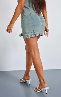 Online PrettyLittleThing Petite Denim Belted Micro Mini Skirt Bleach Wash