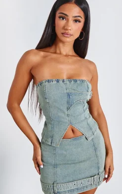 Online PrettyLittleThing Petite Denim Belted Micro Mini Skirt Bleach Wash