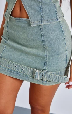 Online PrettyLittleThing Petite Denim Belted Micro Mini Skirt Bleach Wash