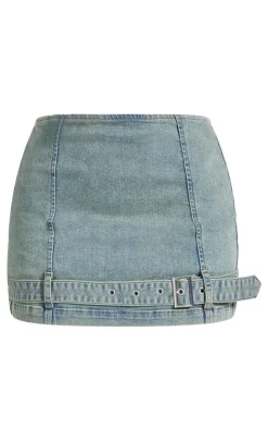 Online PrettyLittleThing Petite Denim Belted Micro Mini Skirt Bleach Wash