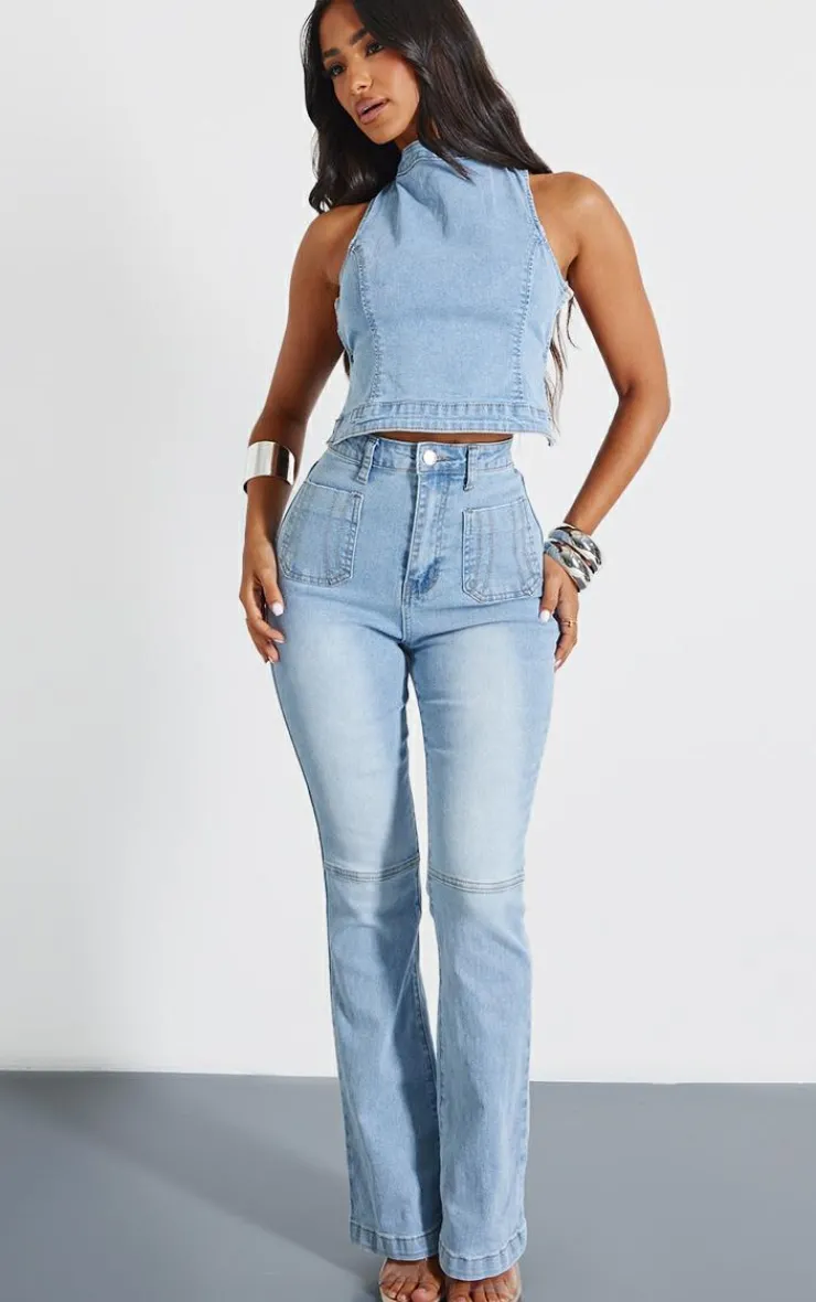 New PrettyLittleThing Petite Denim Fitted Flared Jeans Bleach Wash
