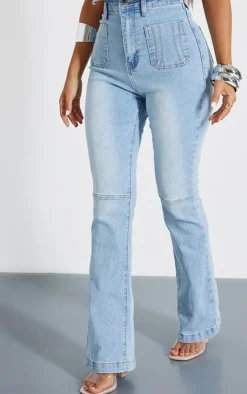 New PrettyLittleThing Petite Denim Fitted Flared Jeans Bleach Wash