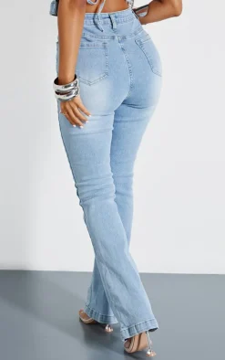 New PrettyLittleThing Petite Denim Fitted Flared Jeans Bleach Wash