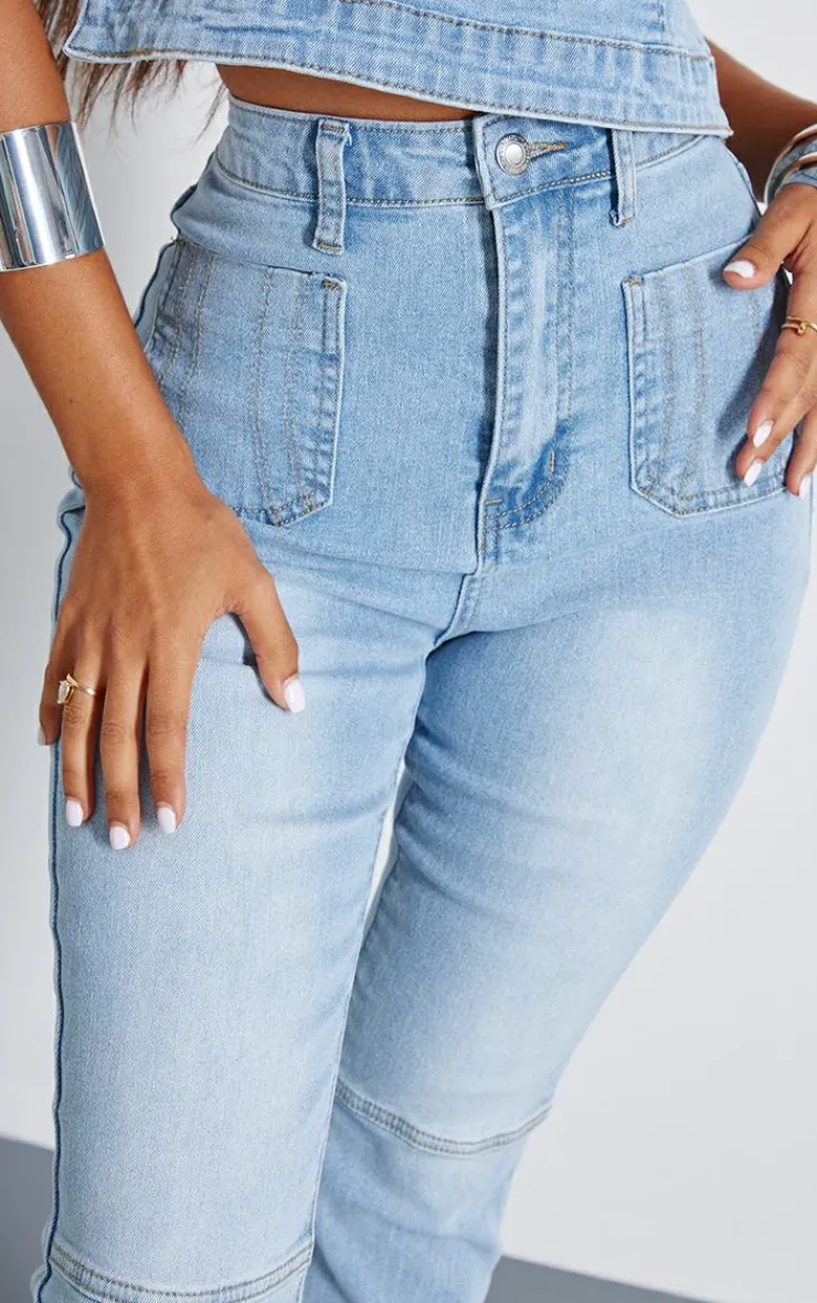New PrettyLittleThing Petite Denim Fitted Flared Jeans Bleach Wash