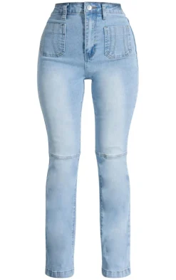 New PrettyLittleThing Petite Denim Fitted Flared Jeans Bleach Wash