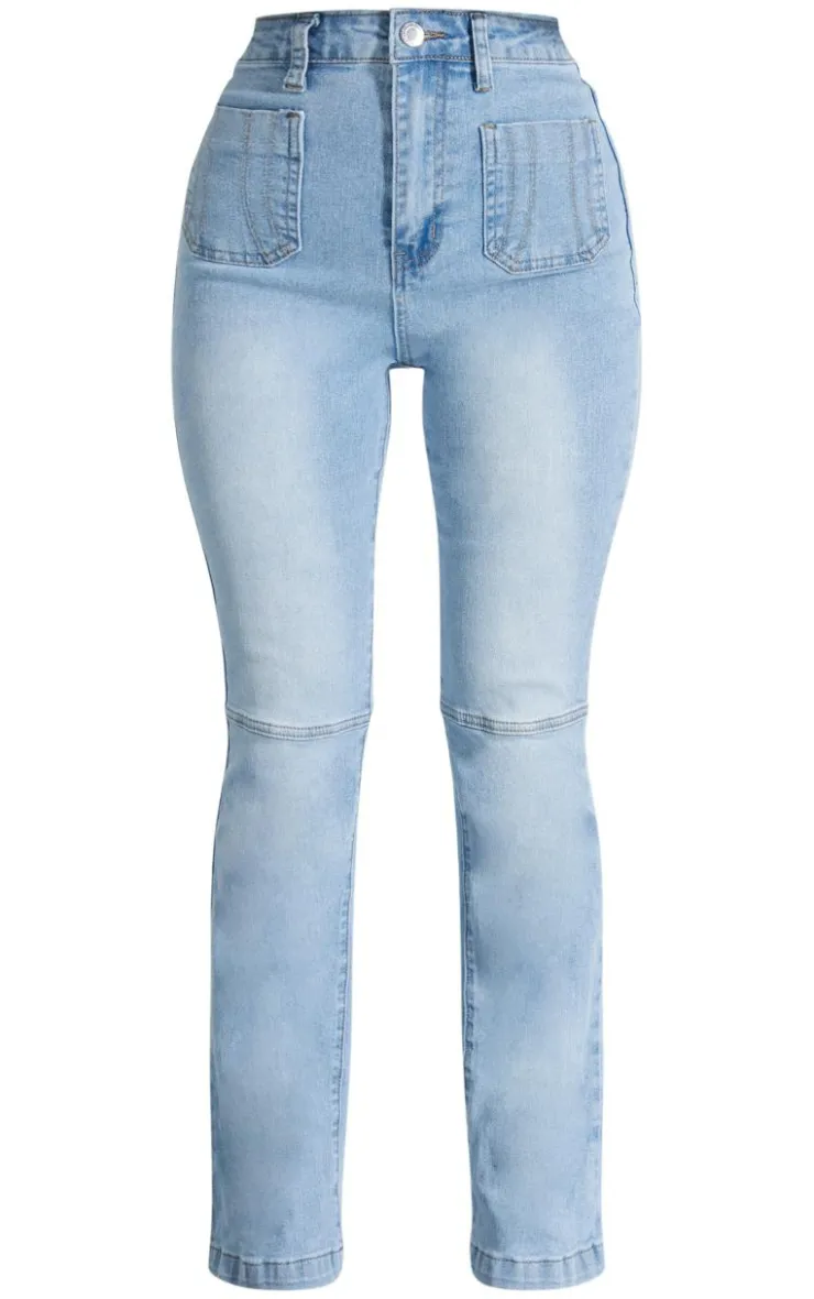 New PrettyLittleThing Petite Denim Fitted Flared Jeans Bleach Wash