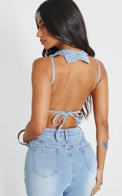 Outlet PrettyLittleThing Petite Denim Backless Top Bleach Wash