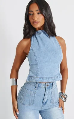 Outlet PrettyLittleThing Petite Denim Backless Top Bleach Wash