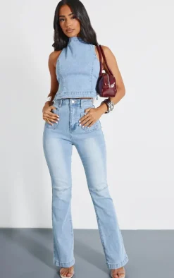 Outlet PrettyLittleThing Petite Denim Backless Top Bleach Wash