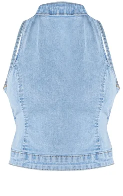 Outlet PrettyLittleThing Petite Denim Backless Top Bleach Wash