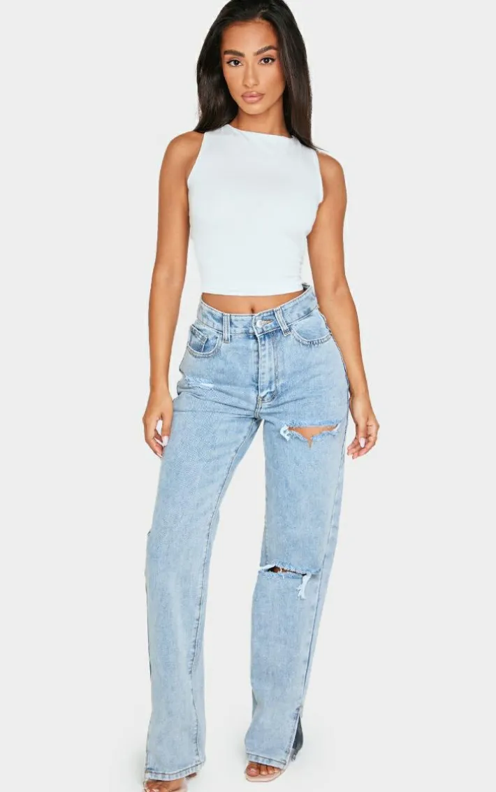Petite Bleach Wash Ripped Split Hem Jeans
