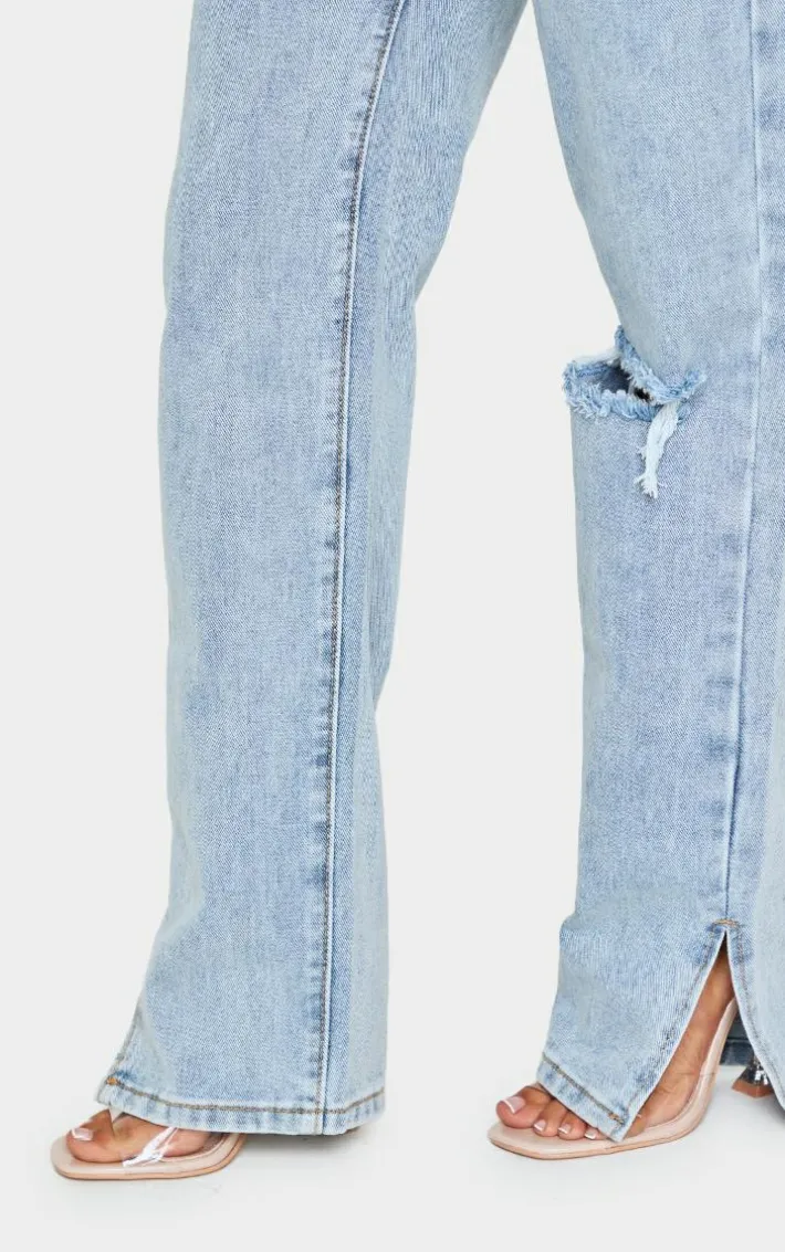 Petite Bleach Wash Ripped Split Hem Jeans