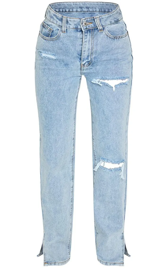Petite Bleach Wash Ripped Split Hem Jeans