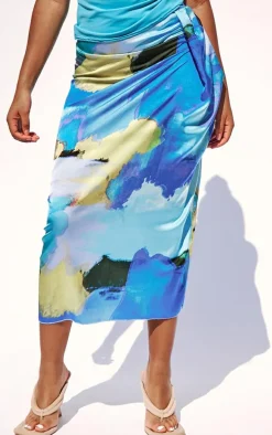 Petite Blue Abstract Print Satin Drape Midaxi Skirt