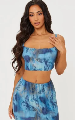 Clearance PrettyLittleThing Petite Butterfly Print Plisse Strappy Cowl Neck Top Blue