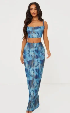 Clearance PrettyLittleThing Petite Butterfly Print Plisse Strappy Cowl Neck Top Blue